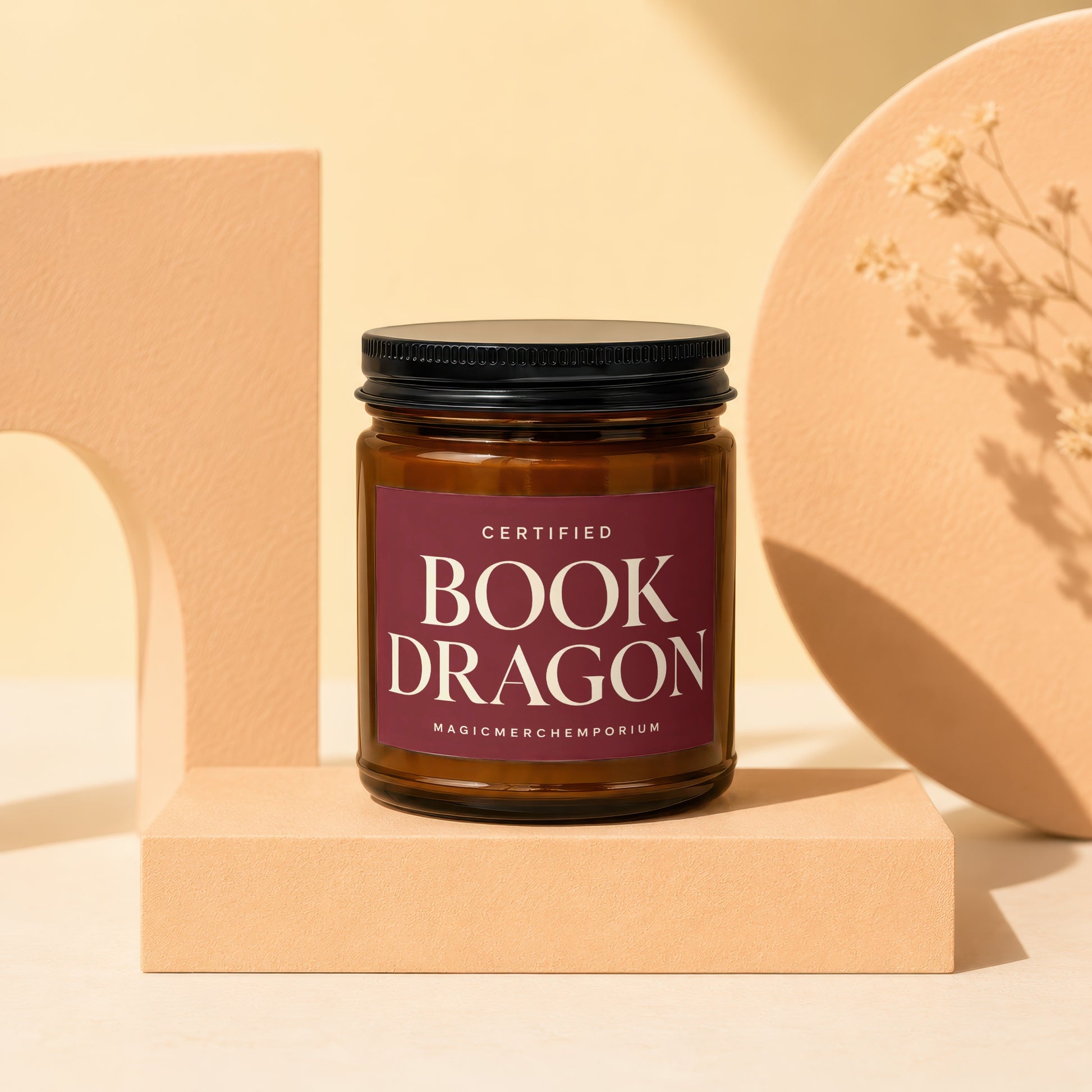 Amber jar candle "Book Dragon" with text "Certified" and "MagicMerchEmporium".