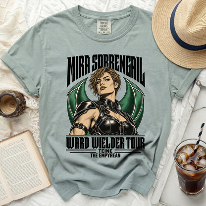 Light blue t-shirt with "Mira Sorrengail Ward Wielder Tour" graphic.