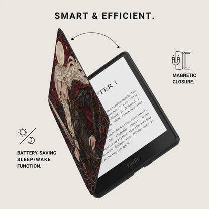 Kindle with artistic cover featuring a warrior and moon, magnetic closure, battery saving.