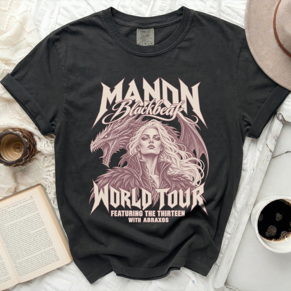 Manon Blackbear world tour graphic t-shirt featuring dragon and woman.