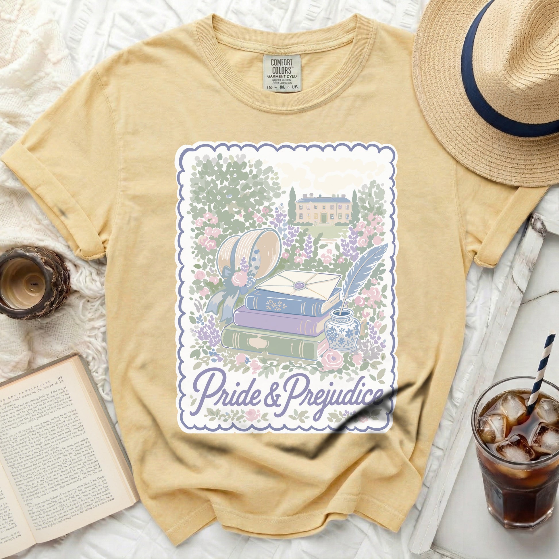 Yellow t-shirt with "Pride & Prejudice" and a garden scene graphic.
