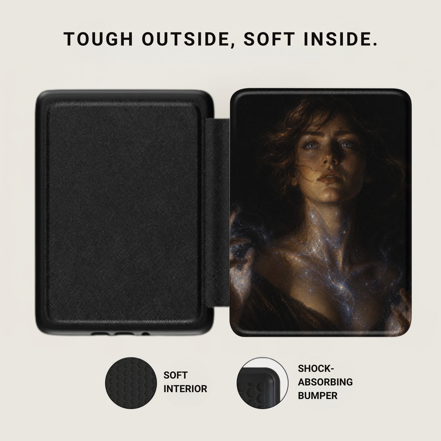 Black protective case open to reveal soft interior and artwork of a woman.