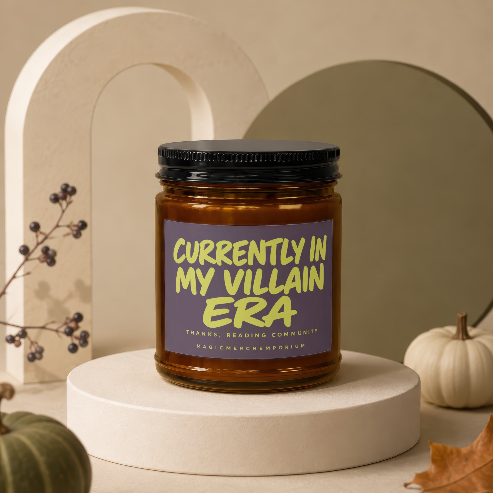 Candle with "Currently in My Villain Era" text, MagicMerchEmporium.