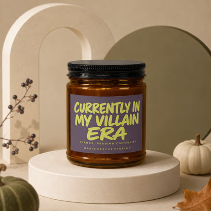 Candle with "Currently in My Villain Era" text, MagicMerchEmporium.