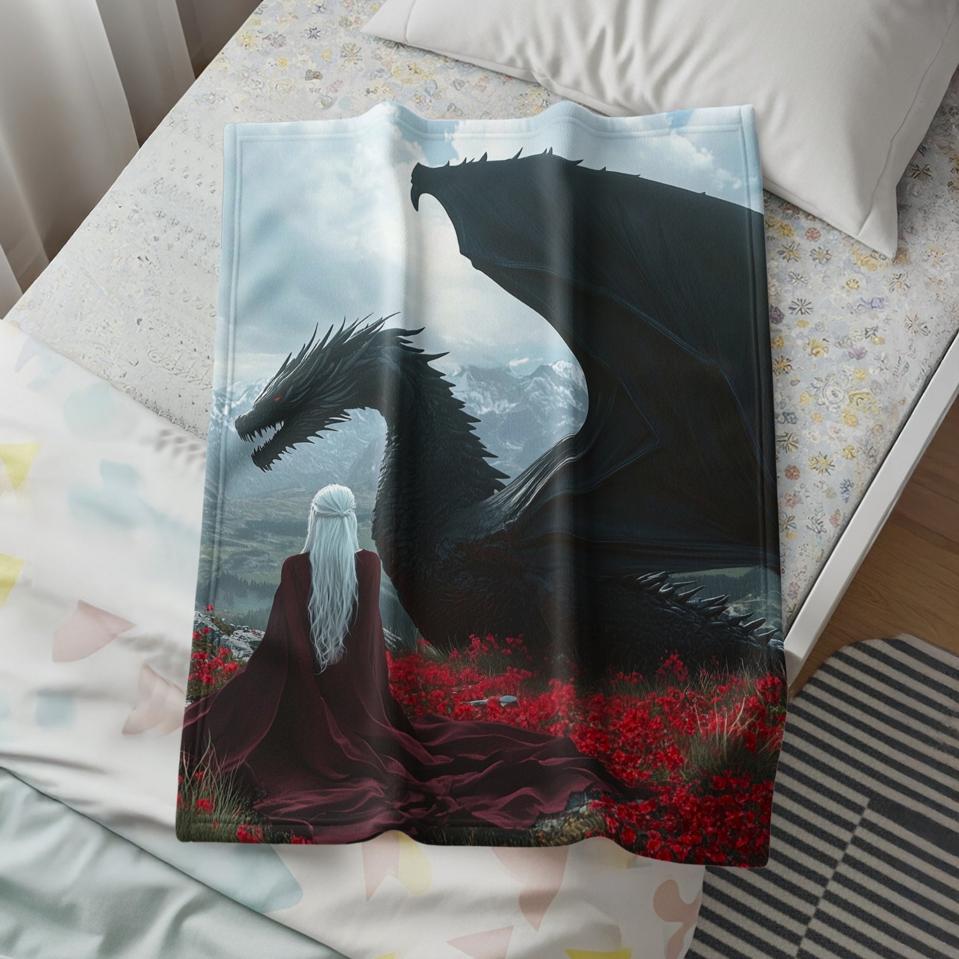 Fantasy Dragon and White-Haired Woman Blanket