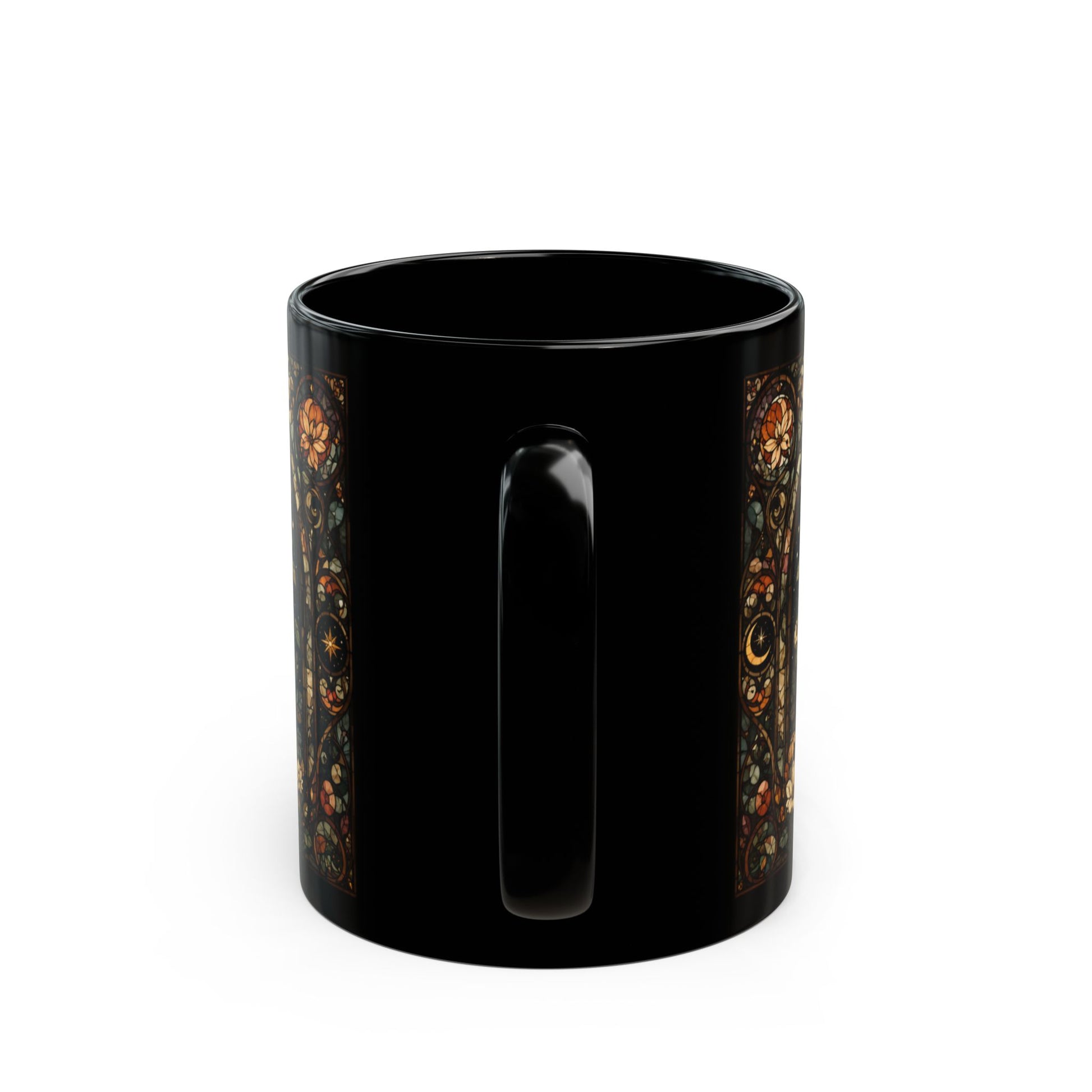 Black mug with stained-glass celestial and floral pattern.