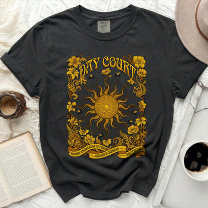 Black t-shirt with gold sun and floral design, "Day Court" and "Helion's Domain" text.