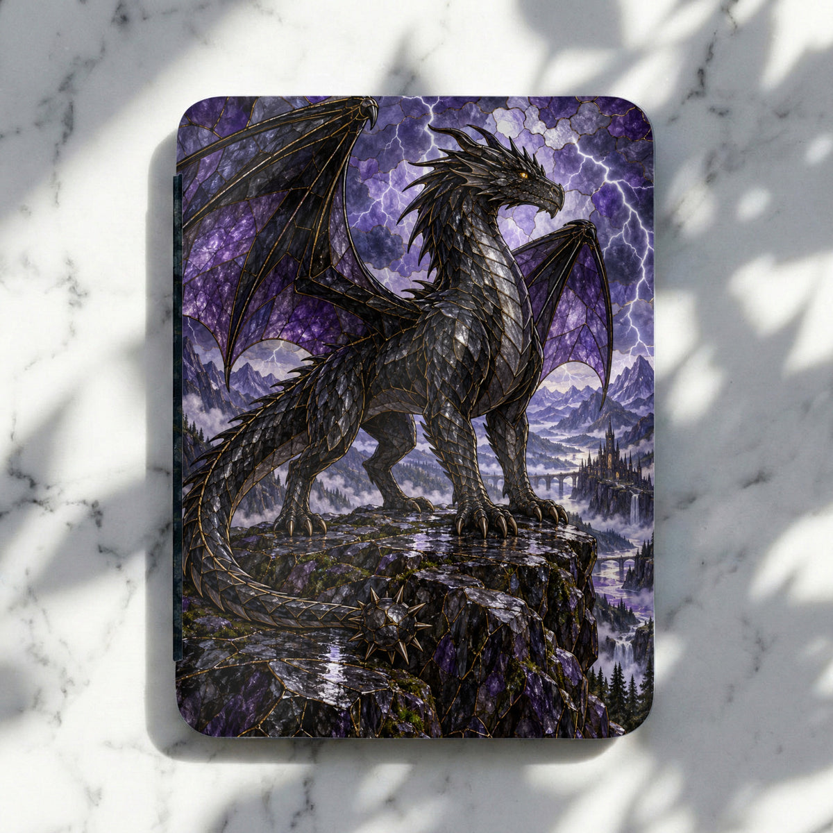 Black dragon with purple wings perched on cliff overlooking castle and waterfalls.