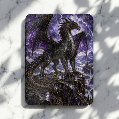 Black dragon with purple wings perched on cliff overlooking castle and waterfalls.