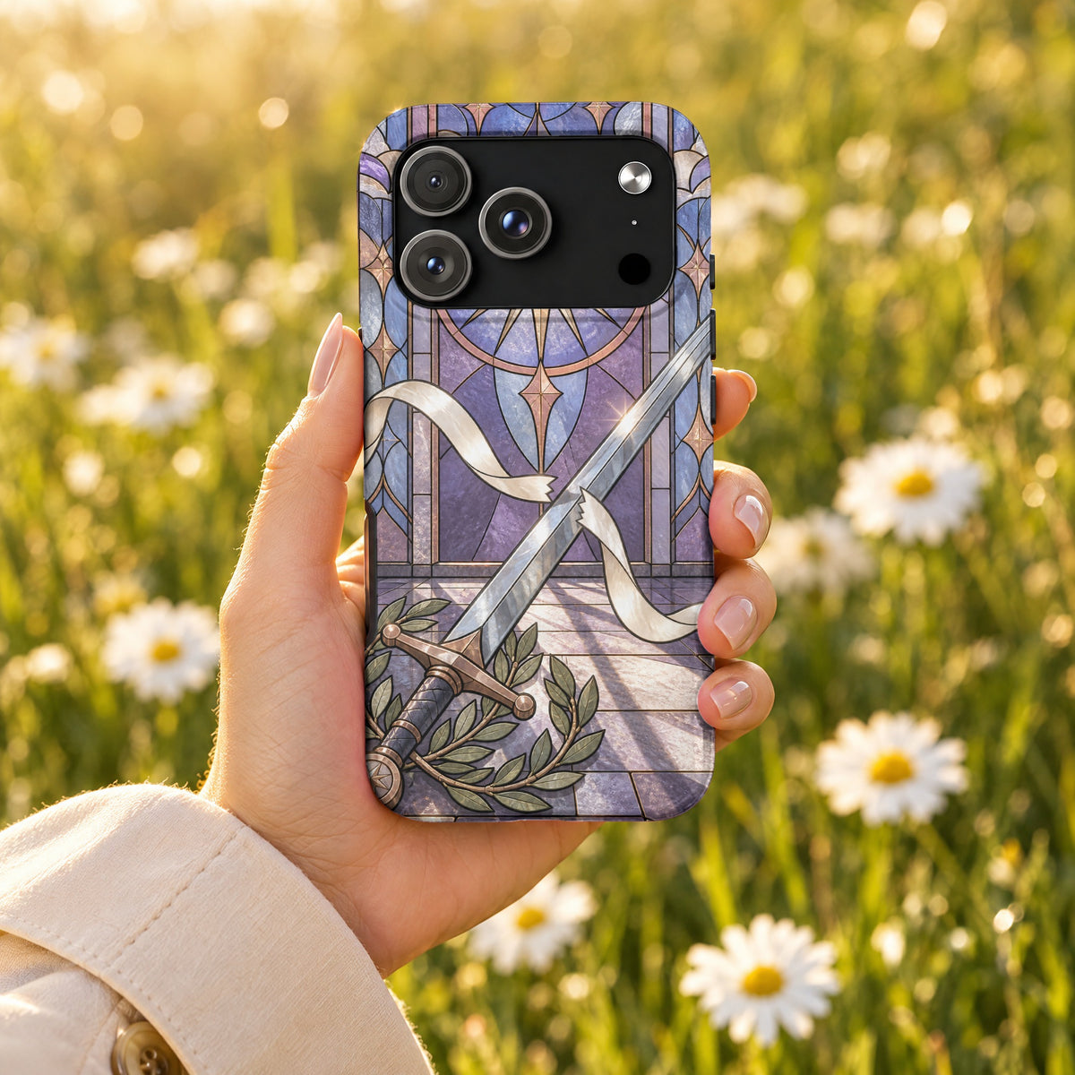 A hand holds a smartphone with a purple stained-glass design featuring a sword and white ribbons.