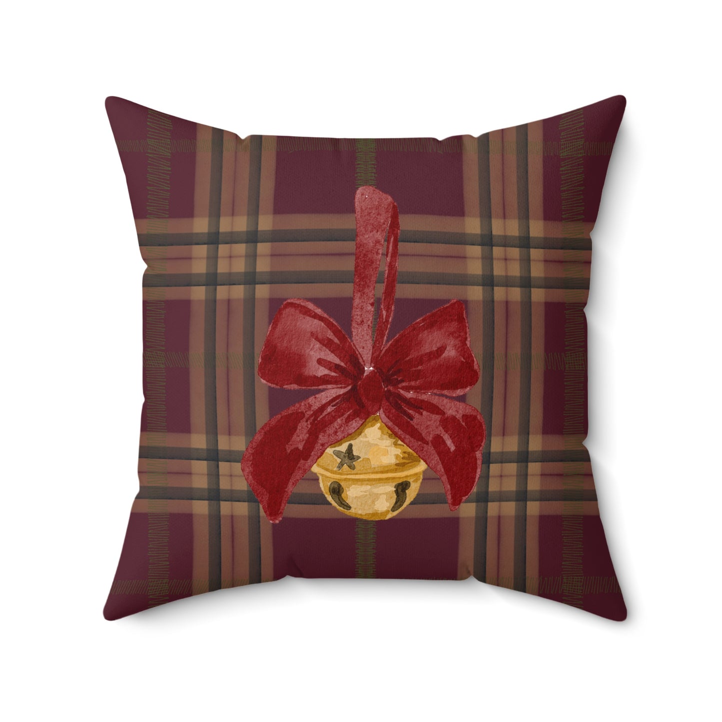 Festive Plaid Pattern Pillow with Gold Bell Design Pillow