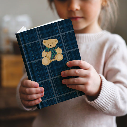 Adorable Teddy Bear Blue Plaid Design on Notebook