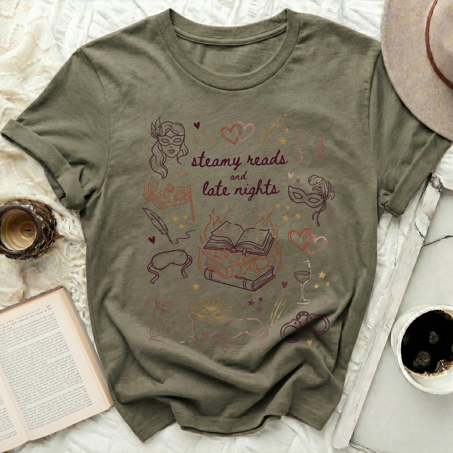 Steamy Reads and Late Nights Intriguing Novelty Tee product type