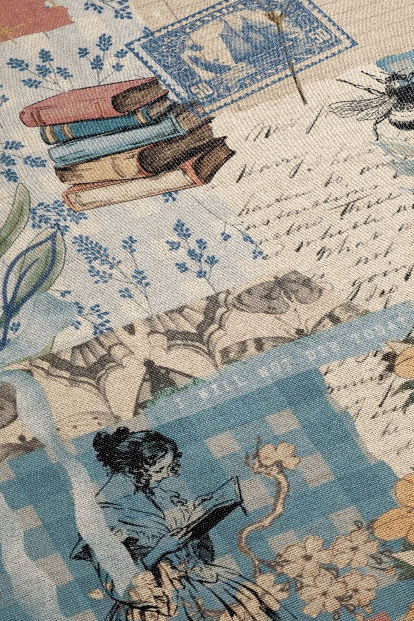 The image is a collage of various artistic elements, including books, flowers, and a woman, all set against a blue and white background.