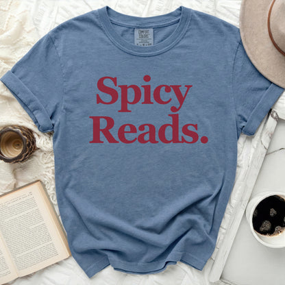 Blue shirt with red text "Spicy Reads."