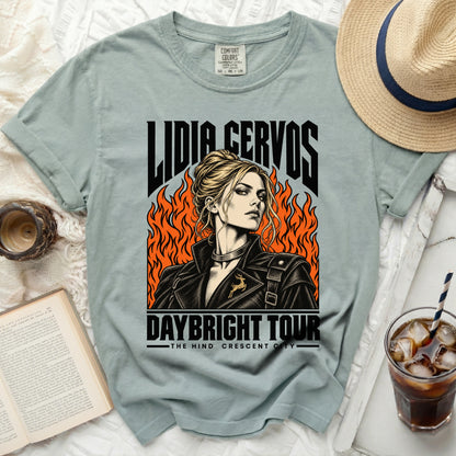 Lidia Cervos Daybright Tour graphic t-shirt with flames and a woman's portrait.