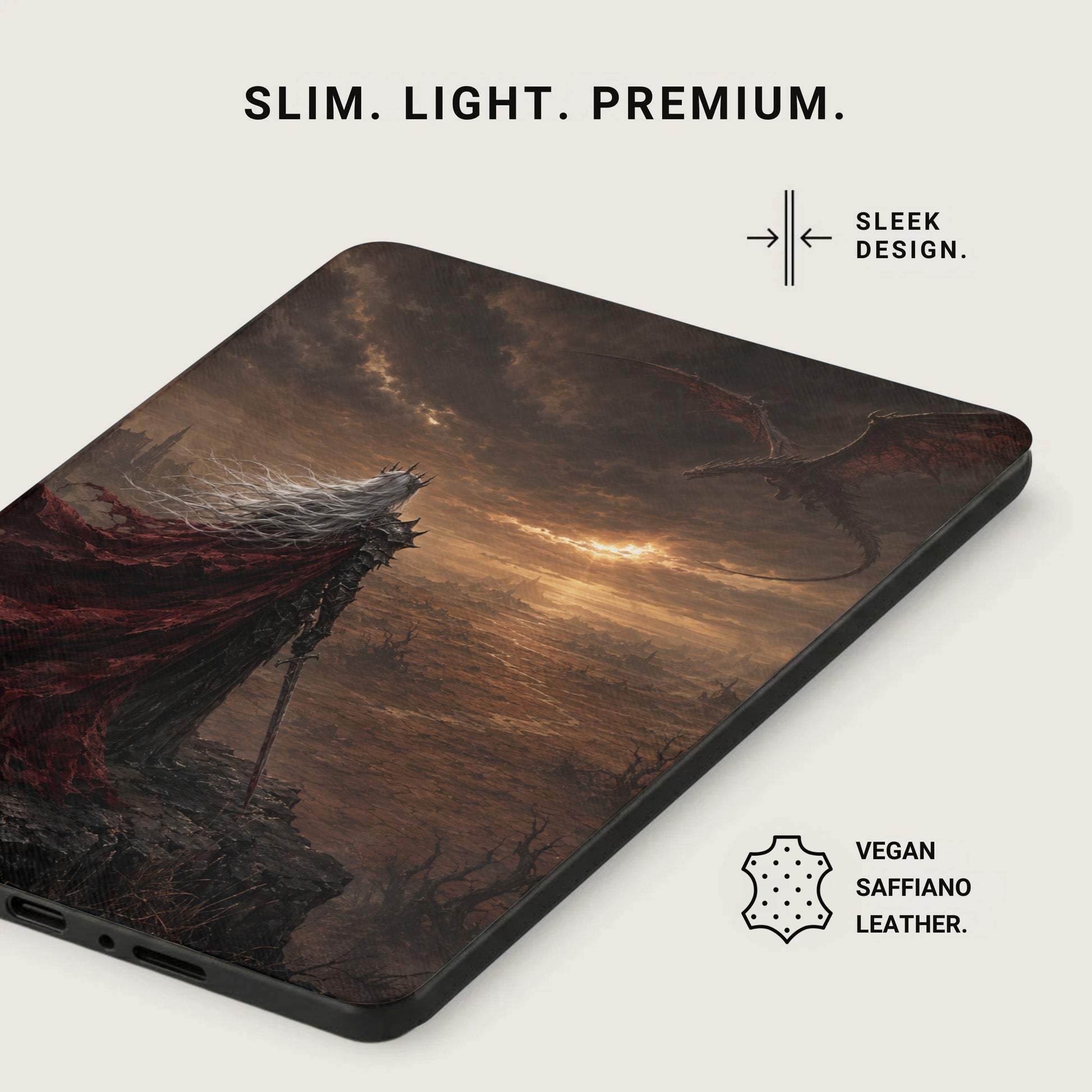 Case with desolate landscape, king, and dragon art. Slim. Sleek. Vegan Saffiano leather.