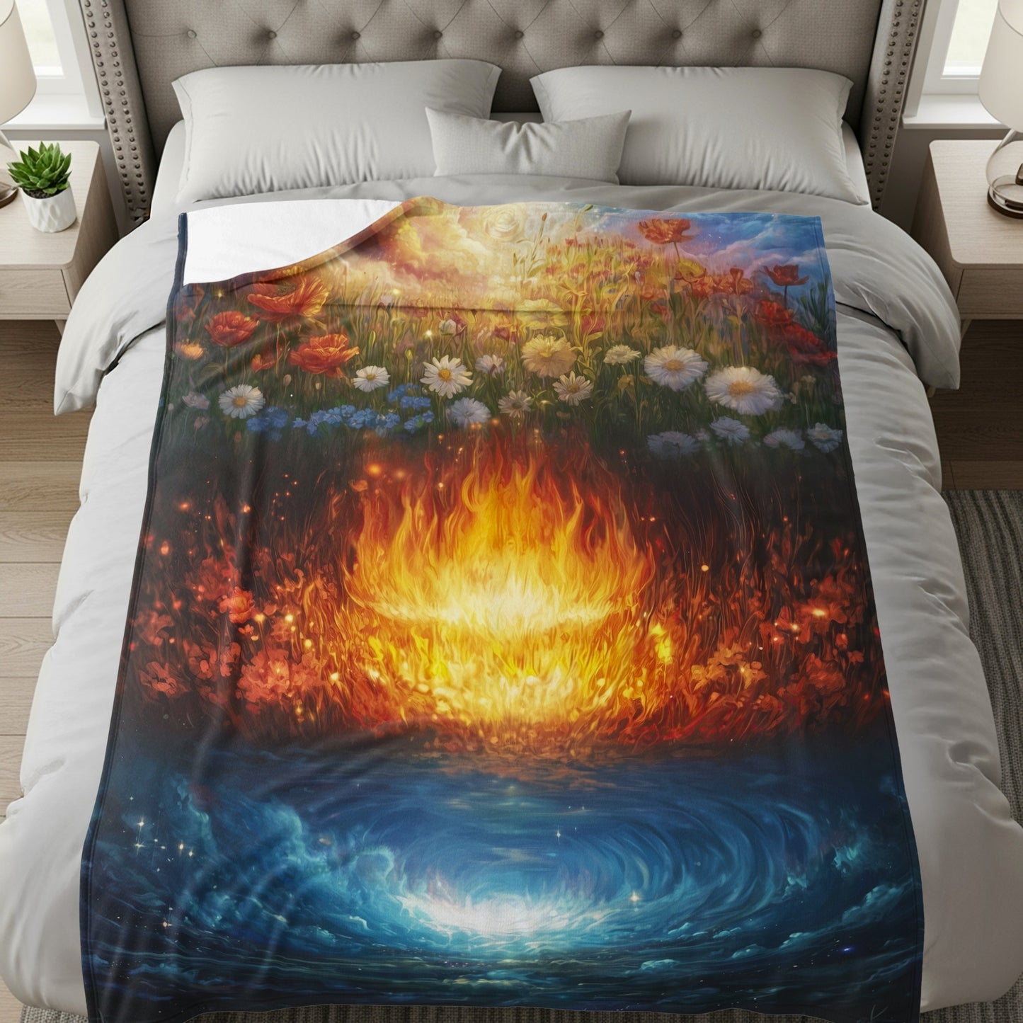 Mystical Fire Water Floral Art Blanket for Bed Decor