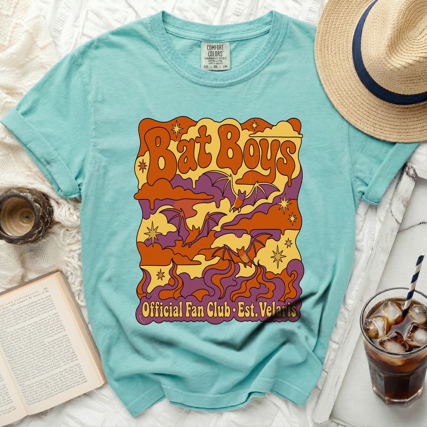 Aqua t-shirt with "Bat Boys Official Fan Club Est. Velaris" graphic featuring bats and stars.