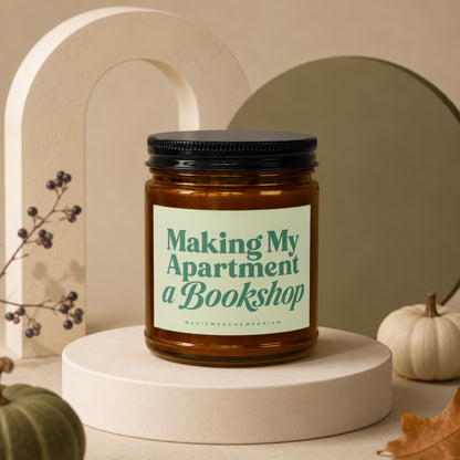 Amber candle jar with black lid, text "Making My Apartment a Bookshop".