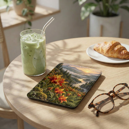 Tablet with vibrant floral landscape and mountain view, next to iced drink and croissant.