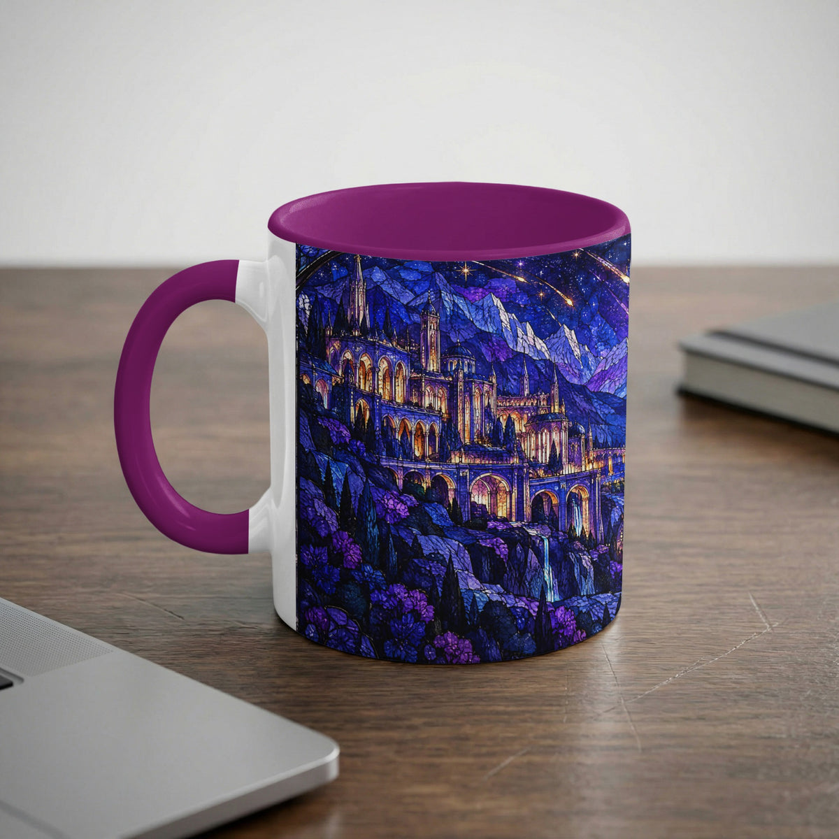 White coffee mug with a purple handle, rim, and a fantasy castle stained glass illustration wrap.