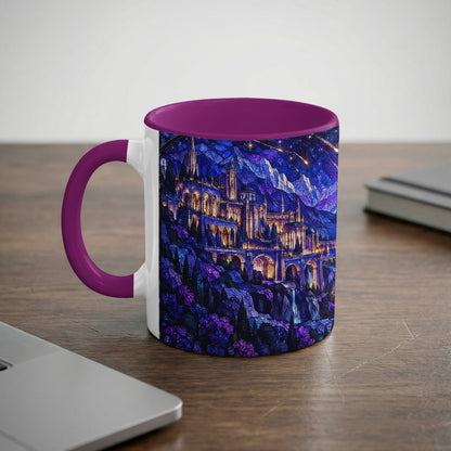 White coffee mug with a purple handle, rim, and a fantasy castle stained glass illustration wrap.