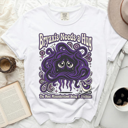 White t-shirt with purple graphic of a sad, tentacled creature and text.