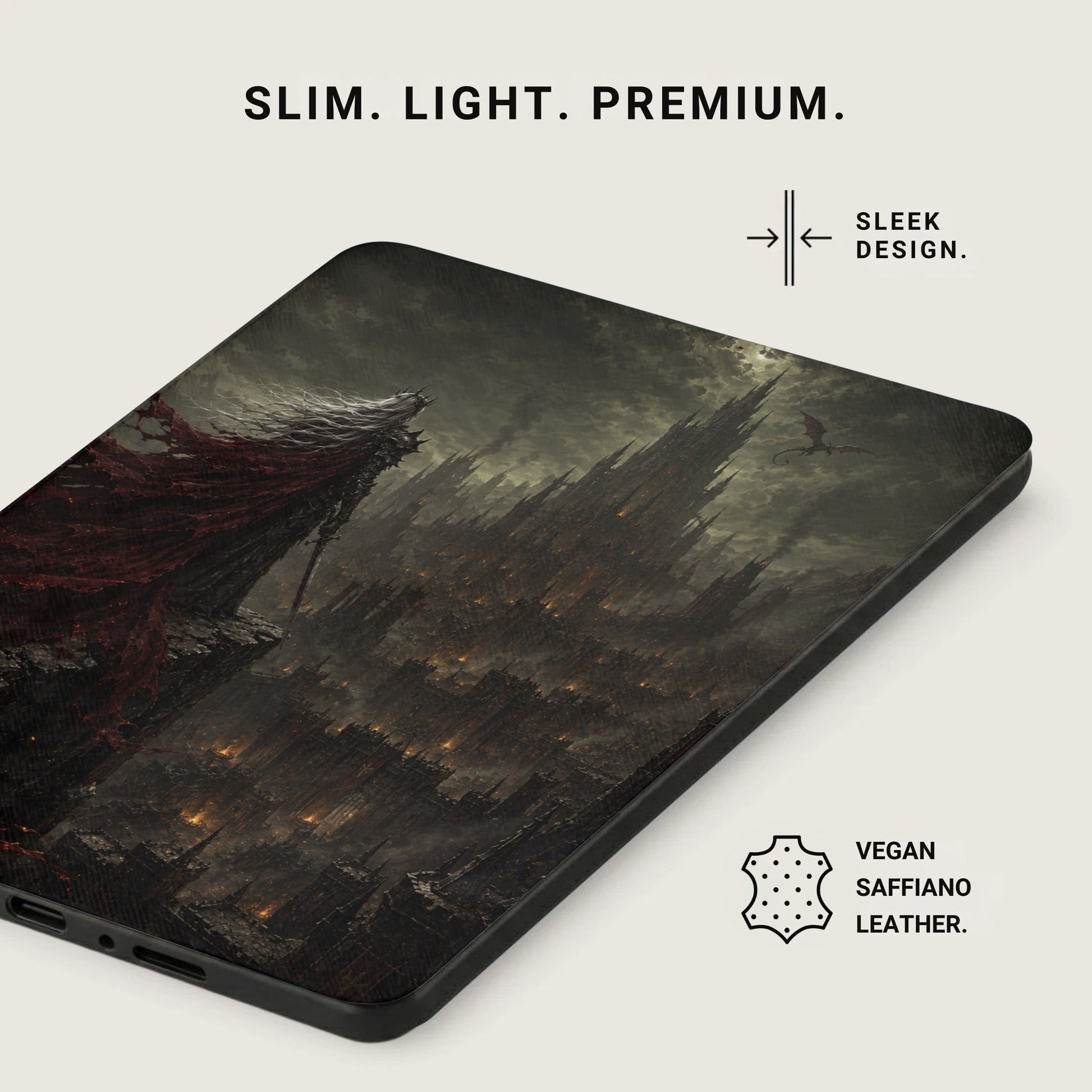 Phone case with fantasy art of a crowned figure and city, vegan saffiano leather.