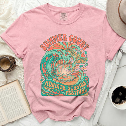 Pink t-shirt with "Summer Court Adriata Seaside Festival" wave graphic.