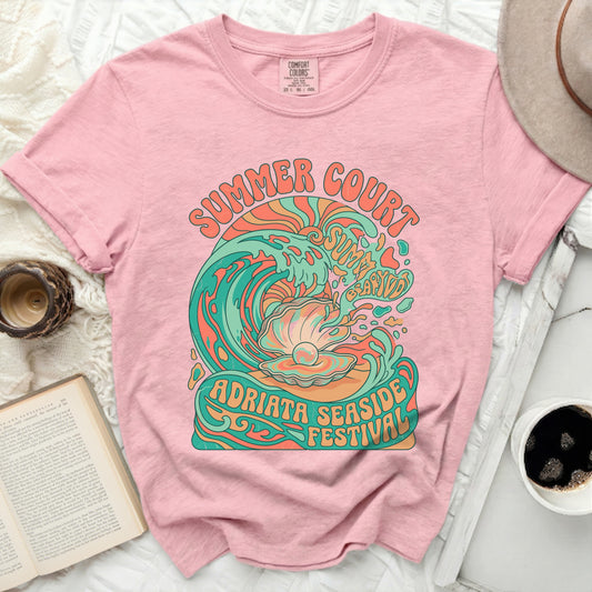 Pink t-shirt with "Summer Court Adriata Seaside Festival" wave graphic.