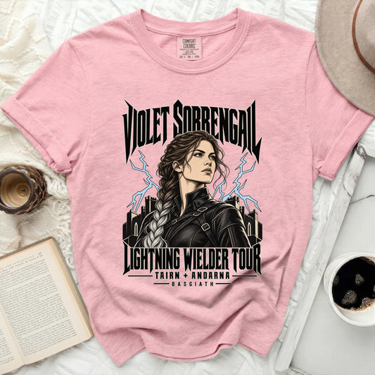 Pink t-shirt with "Violet Sorrengal Lightning Wielder Tour" graphics.