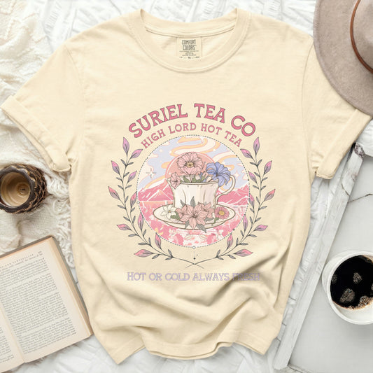 Cream comfort colors t-shirt with "Suriel Tea Co. High Lord Hot Tea" graphic.