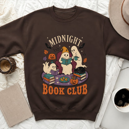 Brown sweatshirt with "Midnight Book Club" graphic featuring ghosts and Halloween elements.