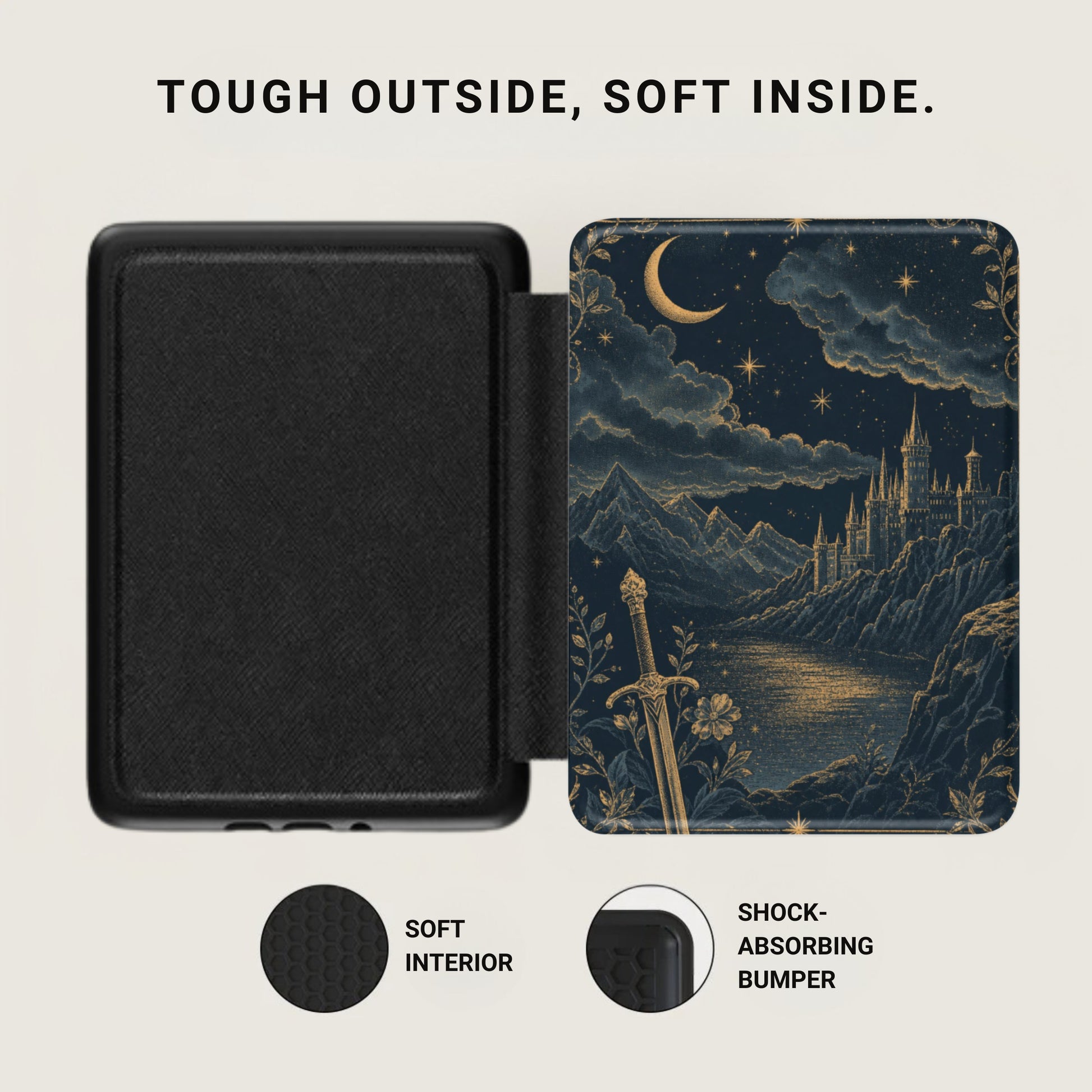 Black protective case open to reveal a fantasy castle scene on the inside cover, "Tough Outside, Soft Inside."
