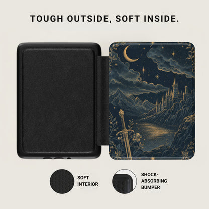 Black protective case open to reveal a fantasy castle scene on the inside cover, "Tough Outside, Soft Inside."