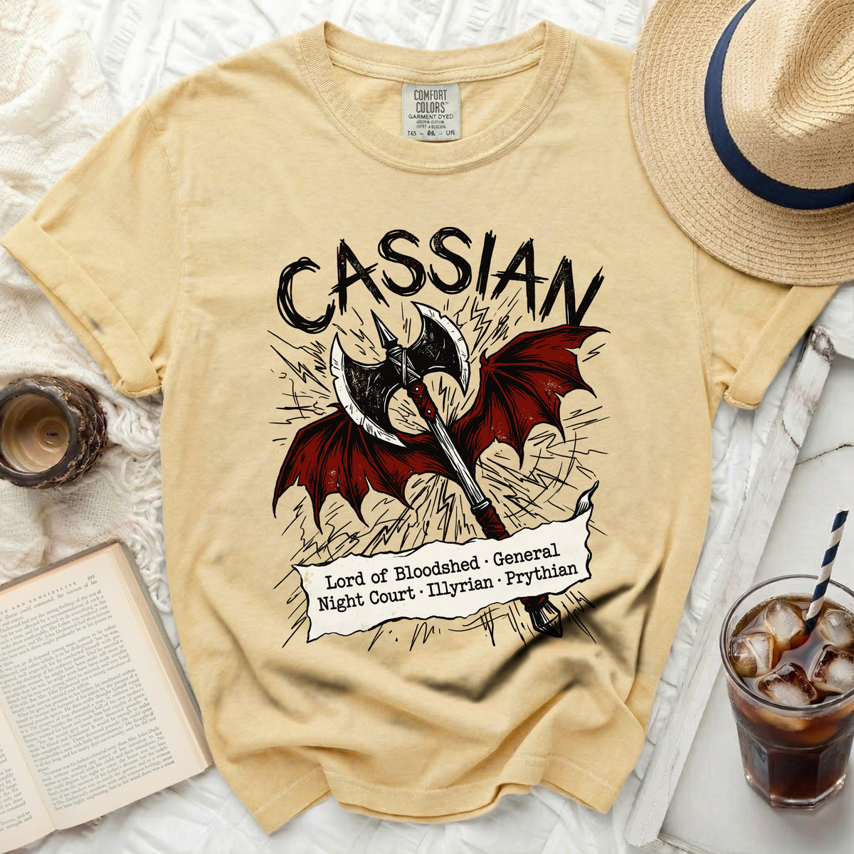 Yellow t-shirt with Cassian, axe, wings, and text "Lord of Bloodshed General".