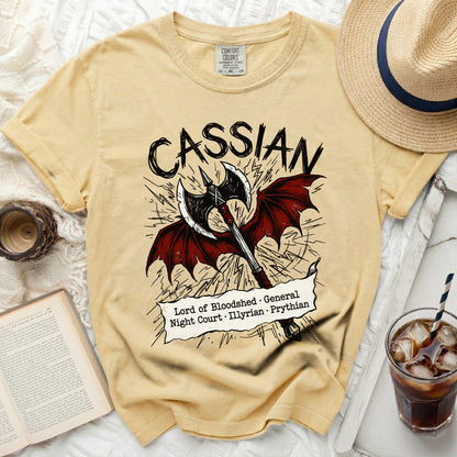 Yellow t-shirt with Cassian, axe, wings, and text "Lord of Bloodshed General".
