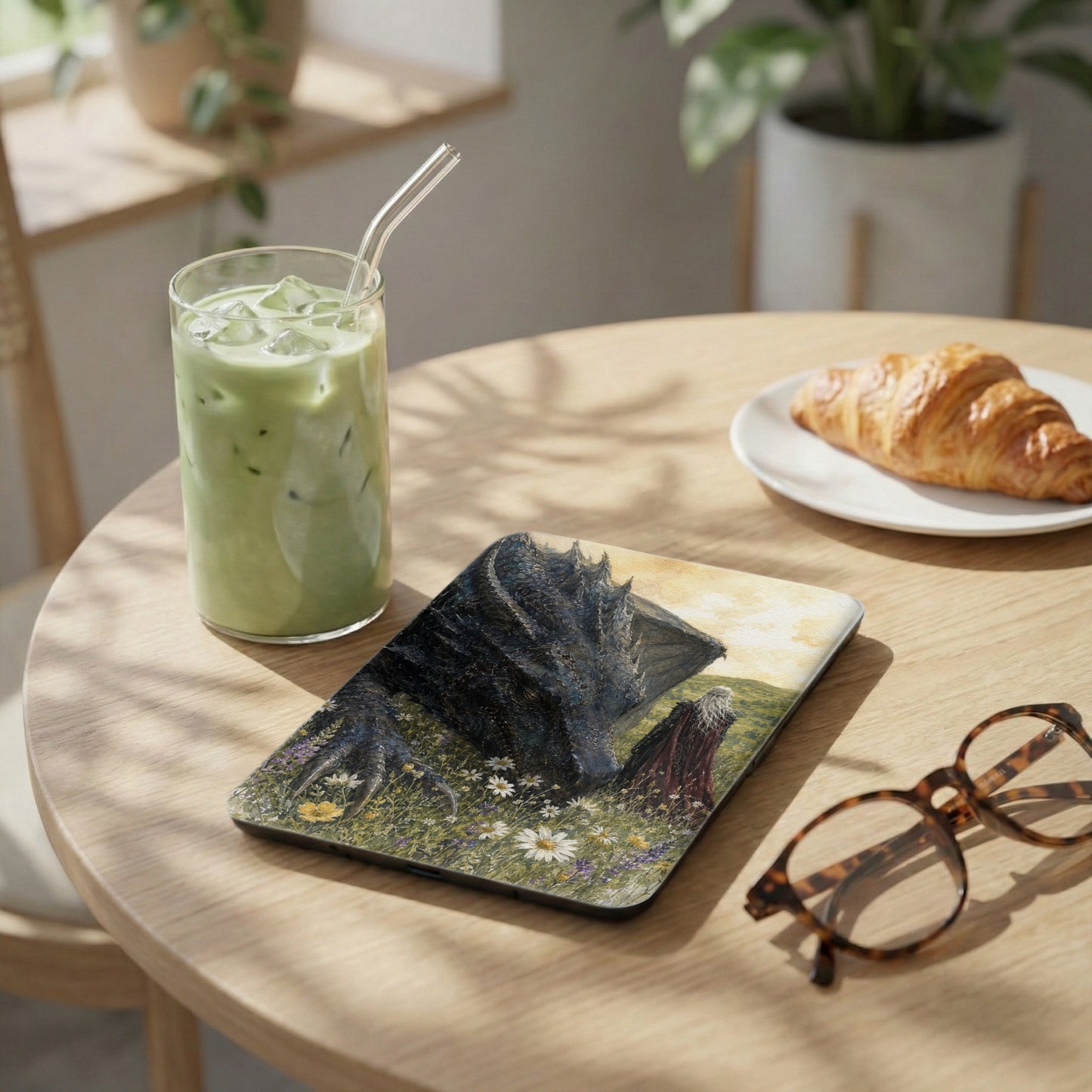 Tablet with a dragon and person in a field, next to iced matcha tea and croissant.