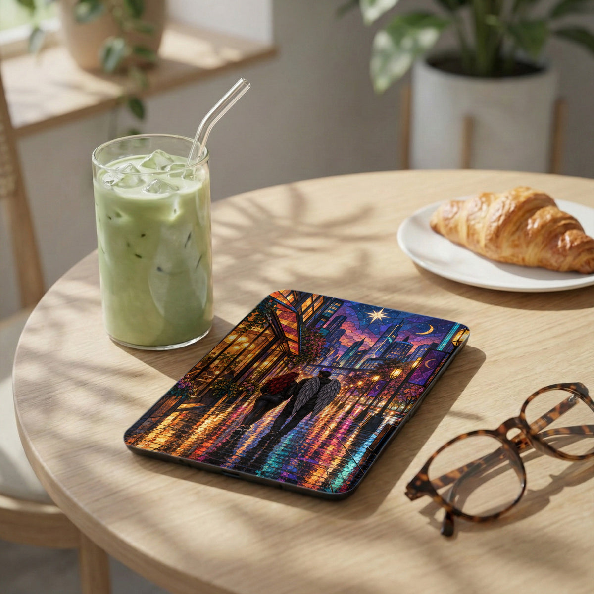 Tablet cover with stained glass art of couple walking in illuminated city street at night