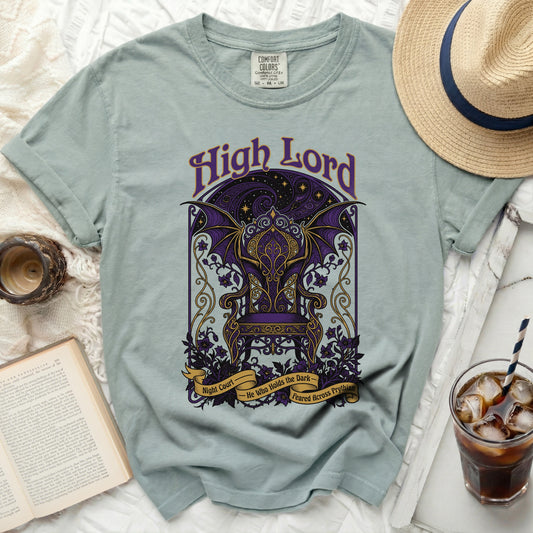 Pale blue t-shirt with "High Lord" text and a purple throne design.