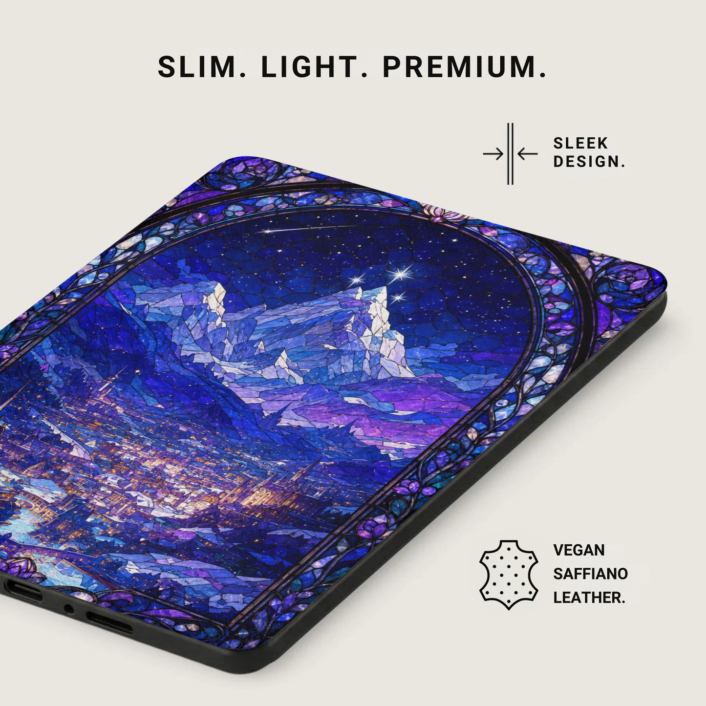 Phone case with stained glass starry night mountain city design and vegan saffiano leather label.