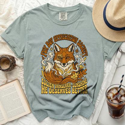 Fox Boy Appreciation Society t-shirt with fox graphic and text.