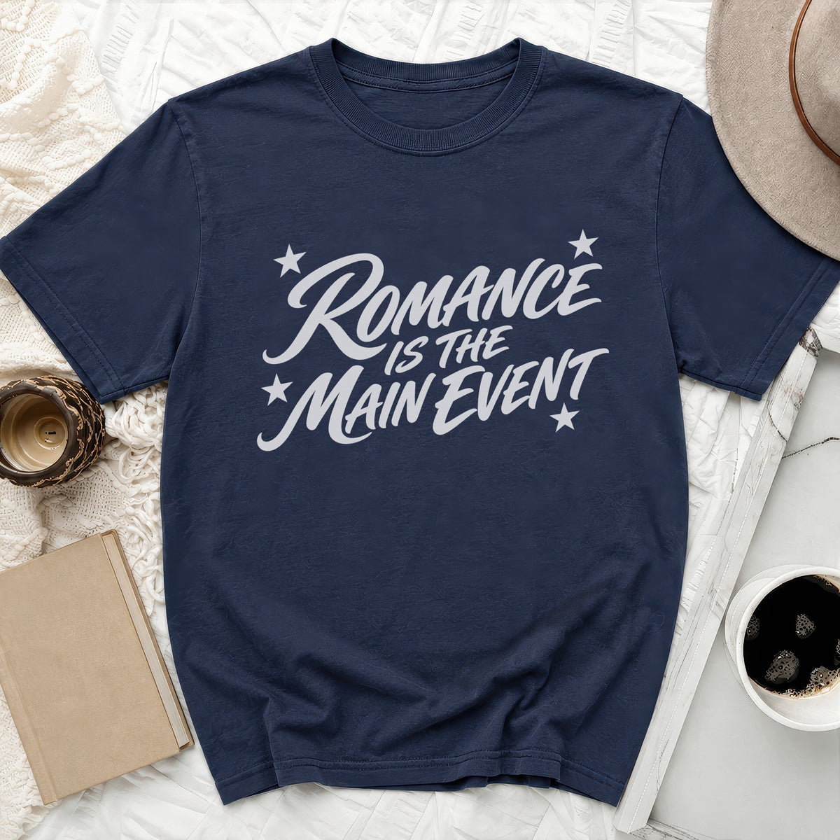 Navy t-shirt with "Romance Is The Main Event" text and stars.