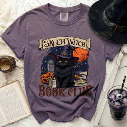 Salem Witch Book Club graphic on purple t-shirt with black cat.