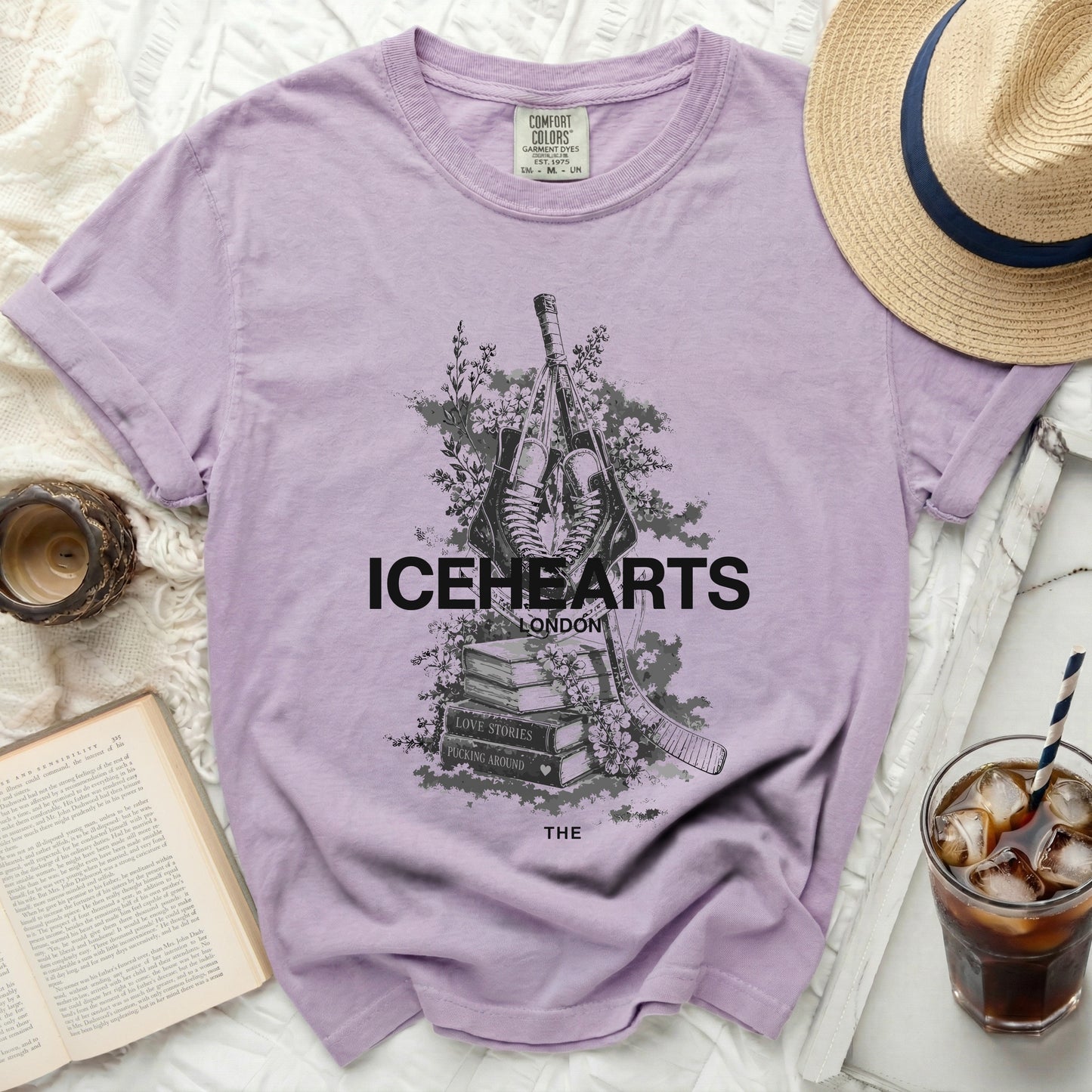 Lavender t-shirt with "ICEHEARTS LONDON" text and a floral sketch.
