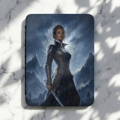 Woman with sword stands in front of stormy mountains, glowing with ethereal energy.