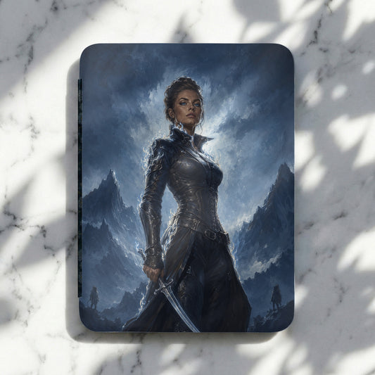 Woman with sword stands in front of stormy mountains, glowing with ethereal energy.