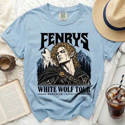 Light blue t-shirt with Fenrys White Wolf Tour graphic and text.