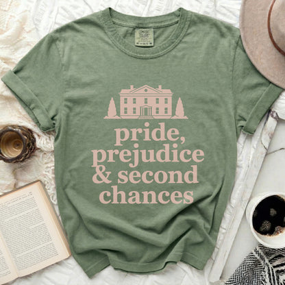 Sage t-shirt with pink text and house graphic, "Pride, Prejudice & Second Chances"